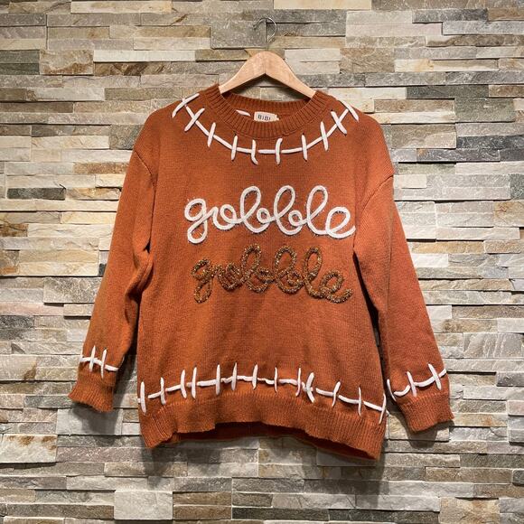 BiBi Sweaters - BiBi S Gobble Gobble Thanksgiving Sweater | Brown Knit, Turkey Day Pullover, NWT